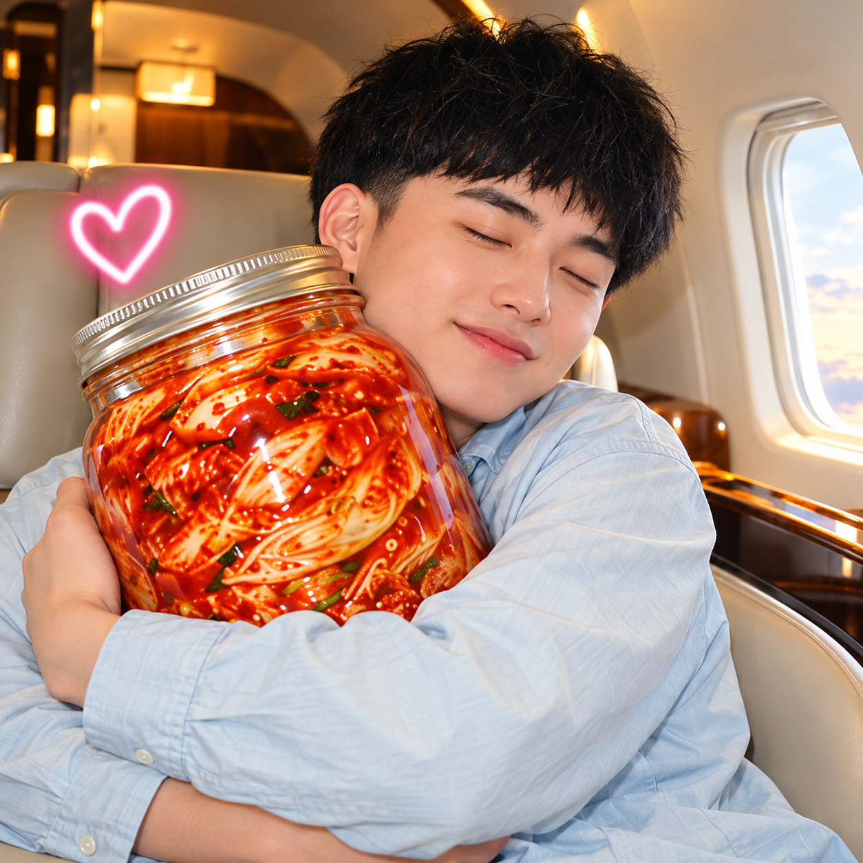 Man hugging his jar of kimchi