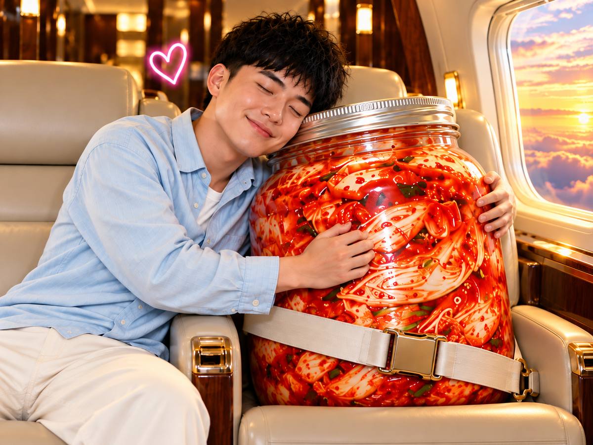 A kimchi jar buckled into its own cabin seat