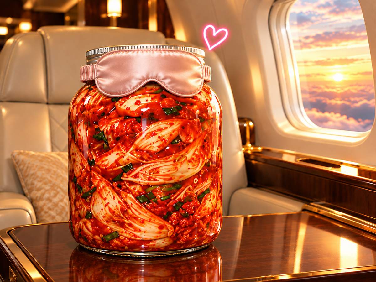 A kimchi jar wearing a sleep mask