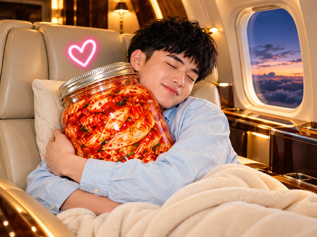 A man asleep still holding his jar of kimchi