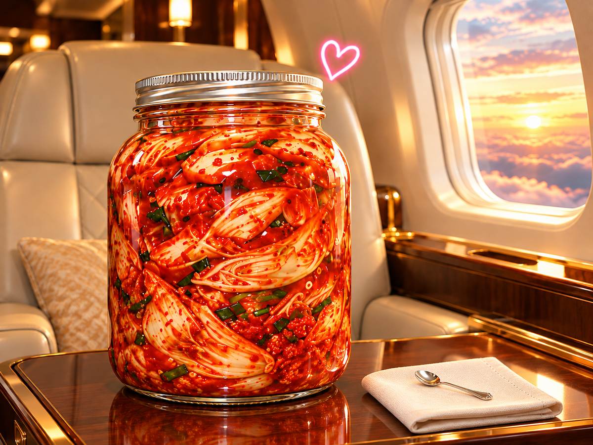 A tiny spoon beside a huge jar of kimchi