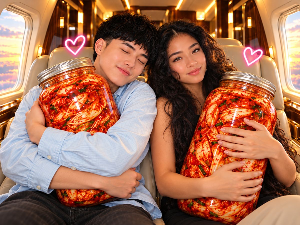 A woman holding her own equally enormous jar of kimchi