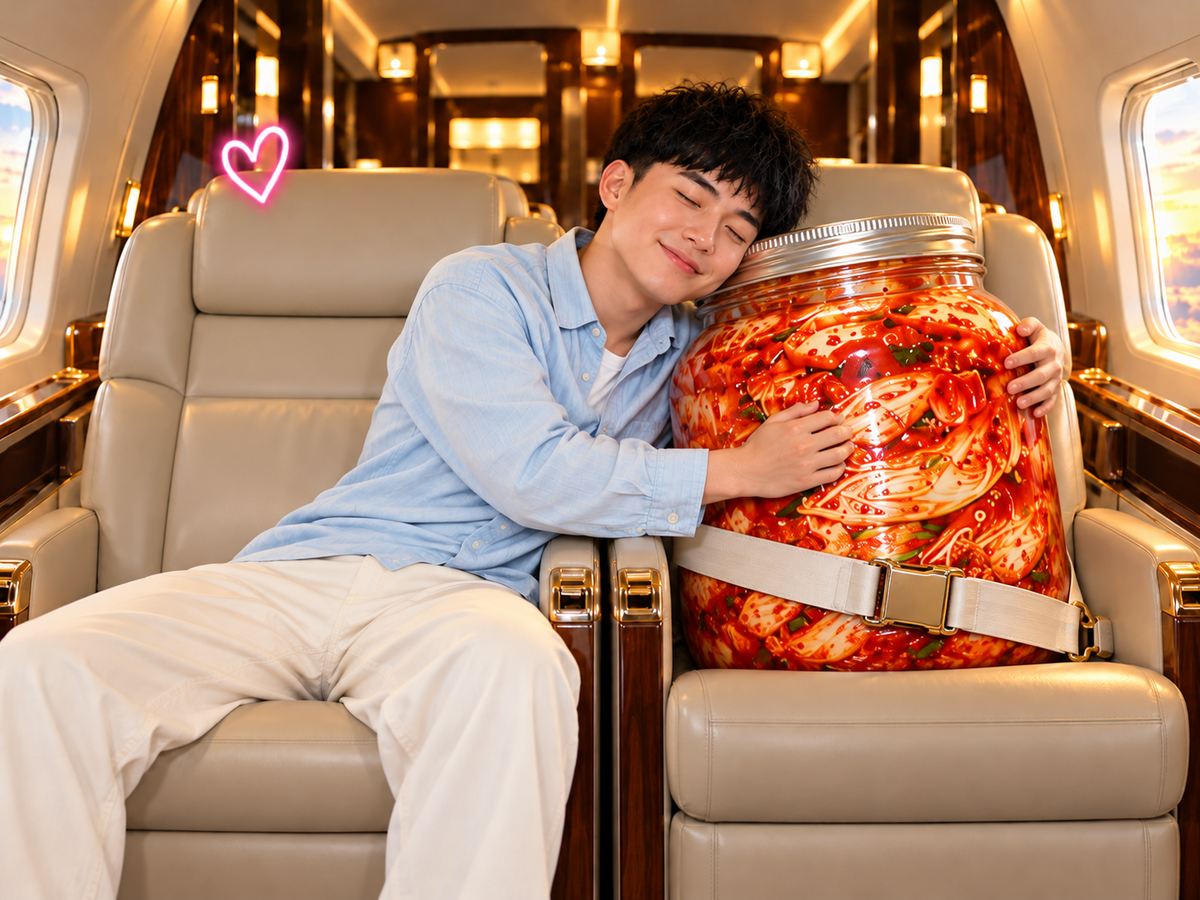 The kimchi jar belted into the window seat